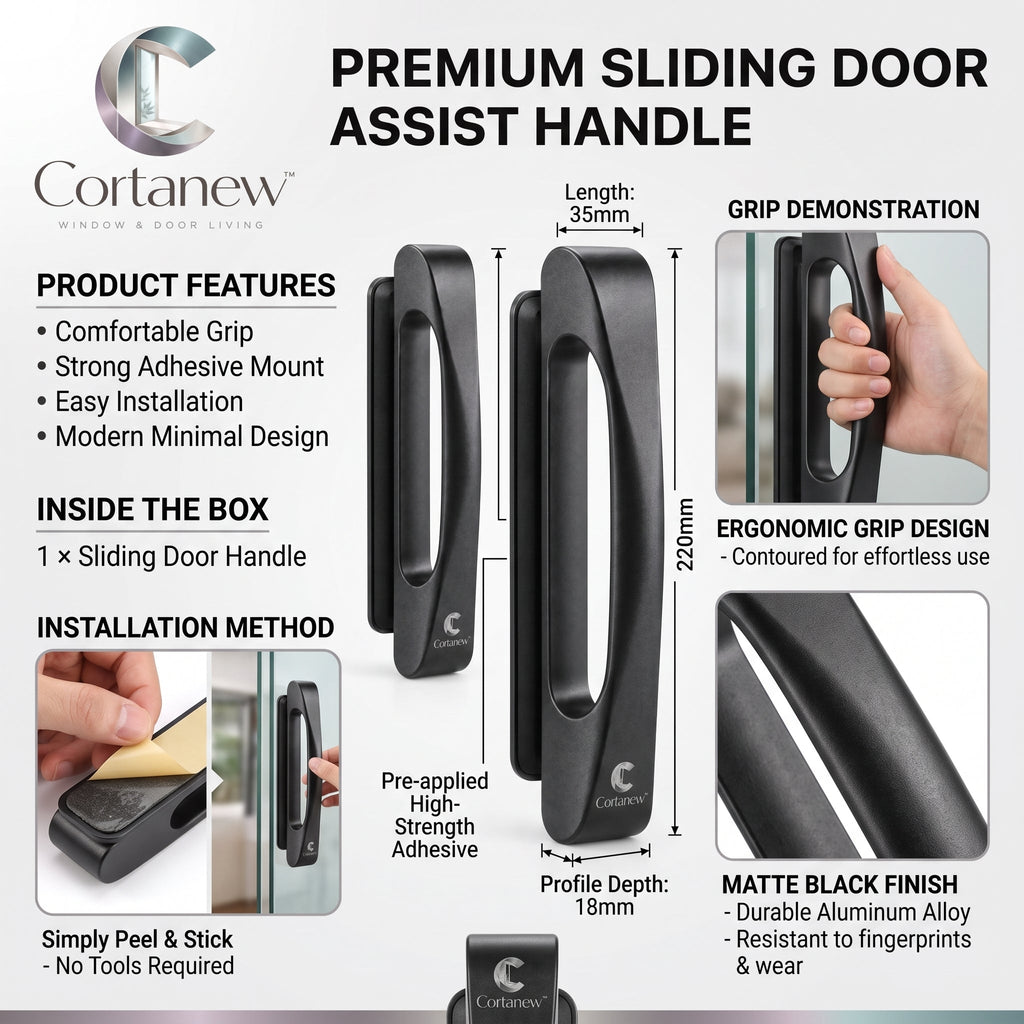 Cortanew™ SlideEase Auxiliary Door Handle – Self-Adhesive Pull Handle for Sliding Doors, Glass Panels, Cabinets & Windows