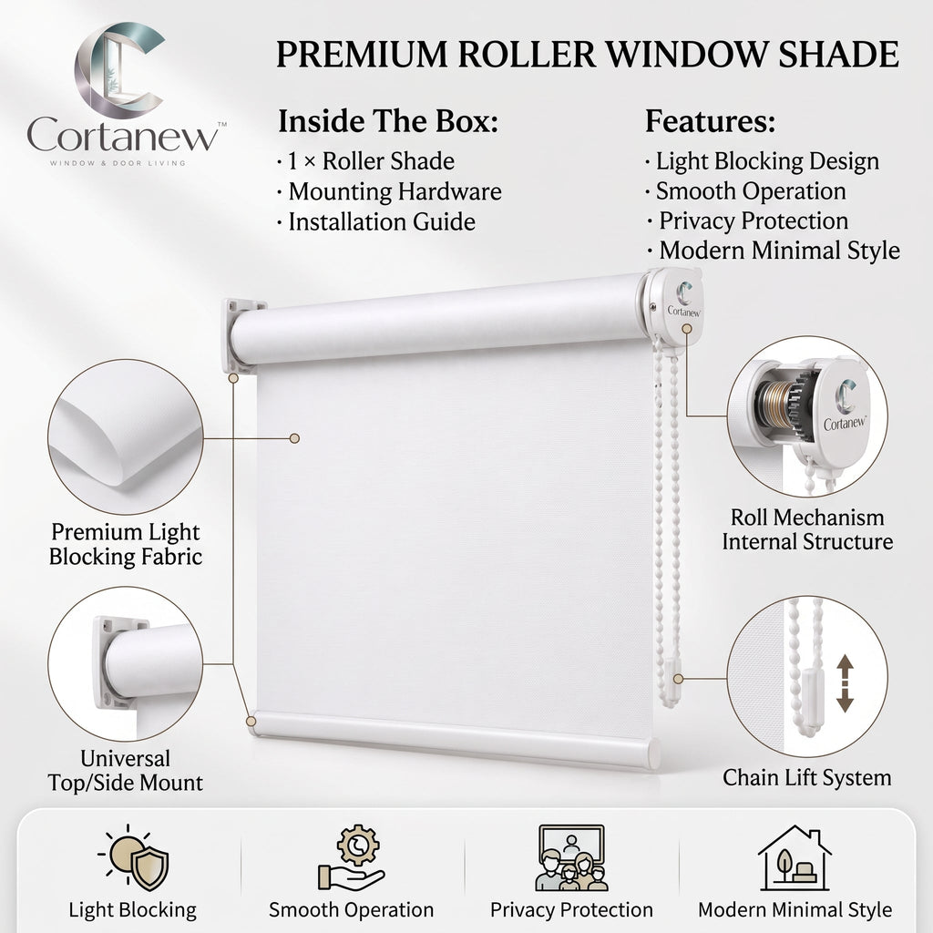 Cortanew™ SmoothRoll Window Shade – Modern Roller Blind for Bedroom, Living Room, Office & Everyday Light Control