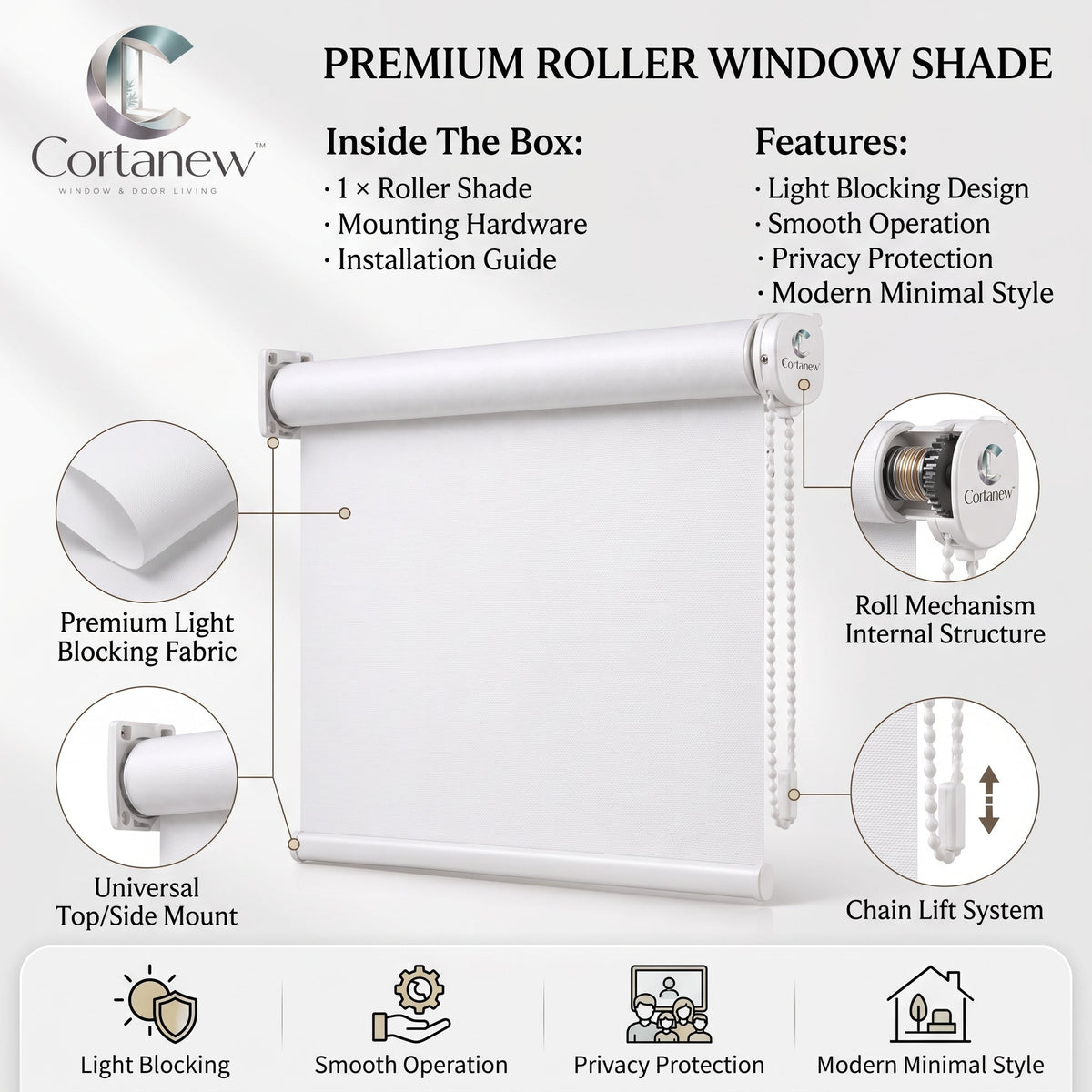 Cortanew™ SmoothRoll Window Shade – Modern Roller Blind for Bedroom, Living Room, Office & Everyday Light Control