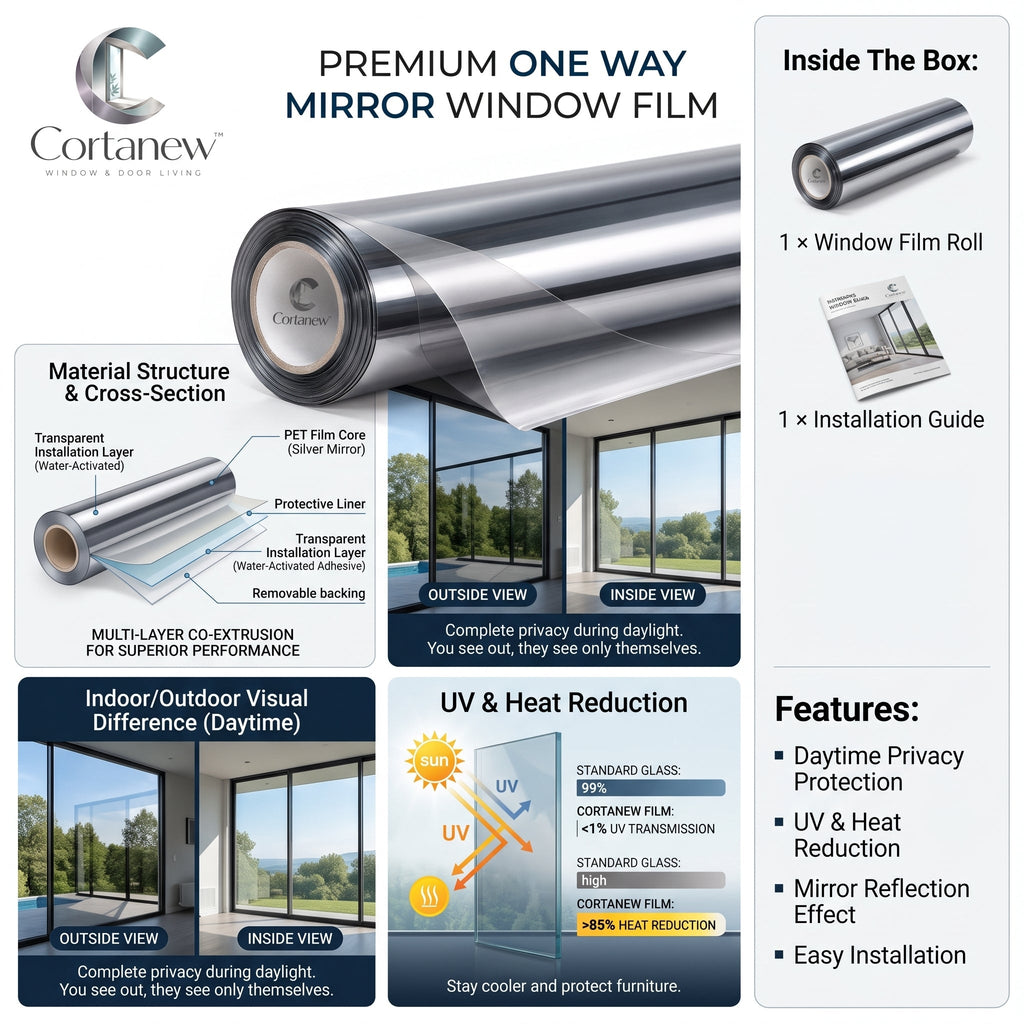 Cortanew™ ReflectShield One-Way Privacy Window Film – Reflective Daytime Glass Film for Home, Office, Living Room & Exterior-Facing Windows