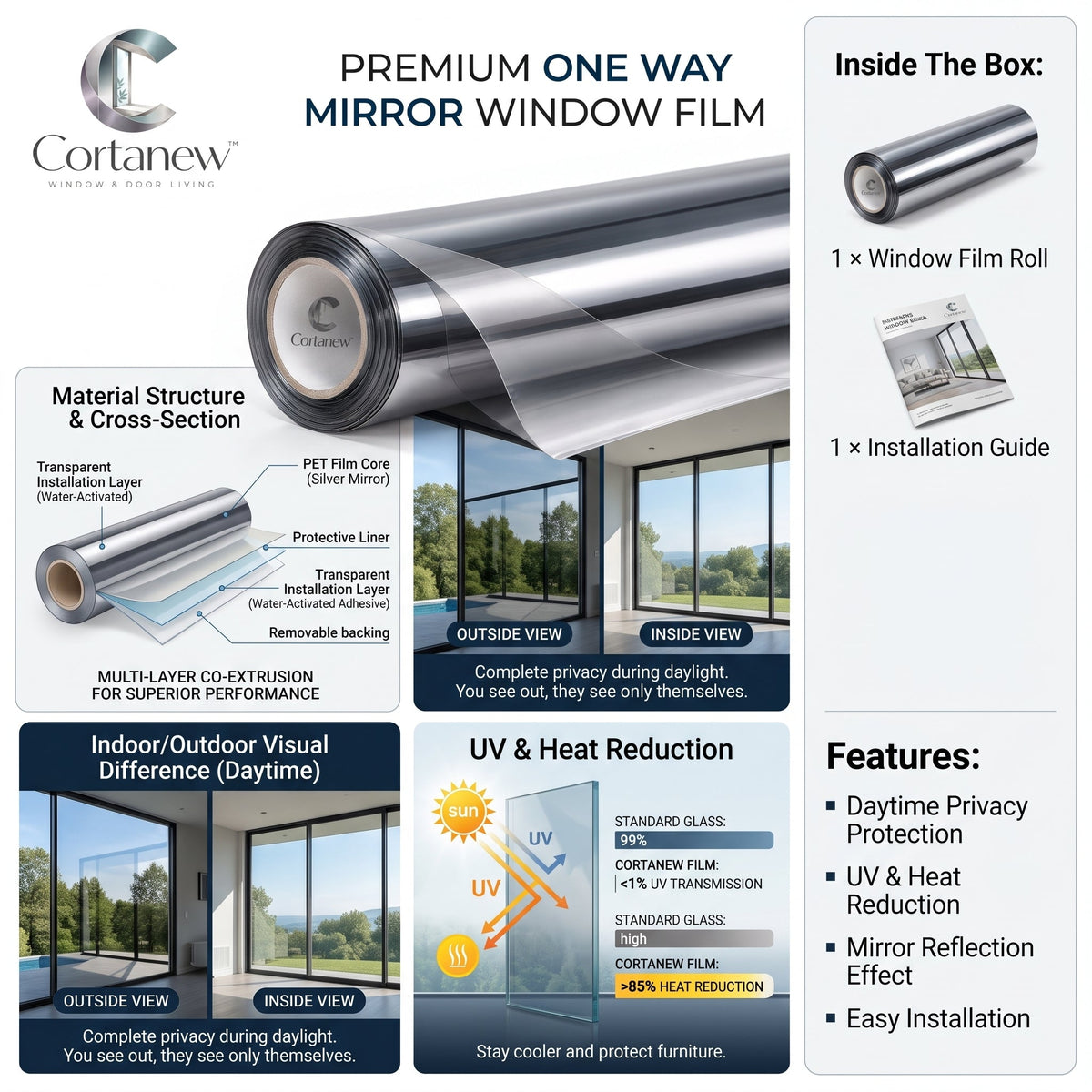 Cortanew™ ReflectShield One-Way Privacy Window Film – Reflective Daytime Glass Film for Home, Office, Living Room & Exterior-Facing Windows