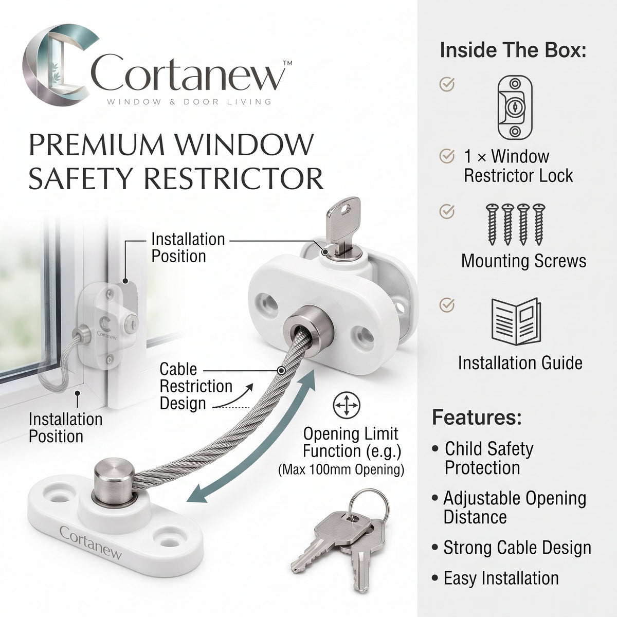 Cortanew™ SafeHold Window Restrictor – Adjustable Opening Limiter for Sliding & Casement Windows